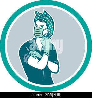 Mascot icon illustration of American Rosie the riveter as medical healthcare essential worker wearing a surgical mask and gloves saying we can do it s Stock Vector
