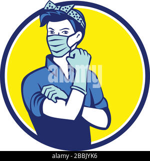 Mascot icon illustration of American Rosie the riveter as medical healthcare essential worker wearing a surgical mask flexing muscle and saying we can Stock Vector