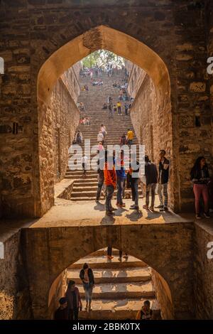 Agrasen ki Baoli is a 60-meter long and 15-meter wide historical step well on Hailey Road, near Connaught Place, Jantar Mantar in New Delhi, Stock Photo