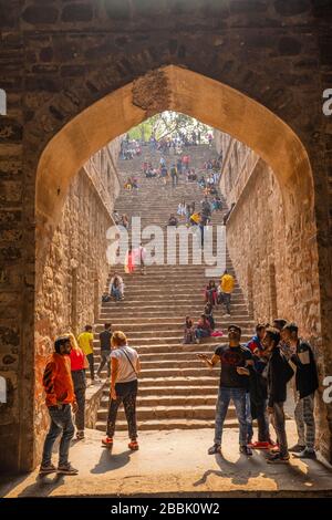 Agrasen ki Baoli is a 60-meter long and 15-meter wide historical step well on Hailey Road, near Connaught Place, Jantar Mantar in New Delhi, Stock Photo