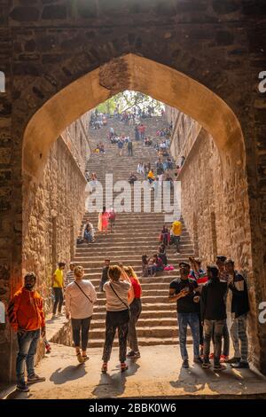 Agrasen ki Baoli is a 60-meter long and 15-meter wide historical step well on Hailey Road, near Connaught Place, Jantar Mantar in New Delhi, Stock Photo