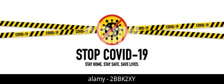 Stop Covid-19 Coronavirus quarantine concept. Yellow and black stripes collections for protect yourself and help prevent spreading the virus to others Stock Vector