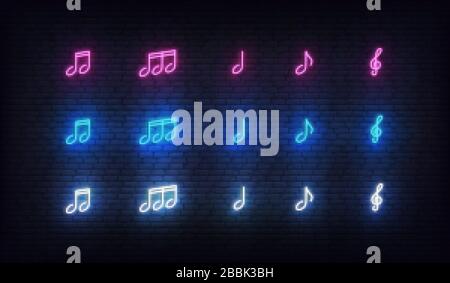 Musical notes neon set. Music notes glowing sign of purple, blue and white colors Stock Vector