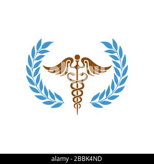 Medical Health Caduceus symbol Asclepius's snake and Wand logo with wealth rice icon Stock Vector