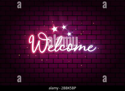 Welcome text vector design on dark brick wall texture background. Modern Glowing neon Style with handwritten text lettering Stock Vector