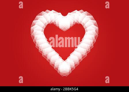 Digital white Pixel art Heart shape on red background. Beautiful Seamless vector pixel love pattern. Creative design for banner, wallpaper and card Stock Vector