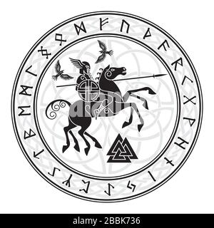 God Wotan, riding on a horse Sleipnir with a spear and two ravens in a circle of Norse runes. Illustration of Norse mythology Stock Vector