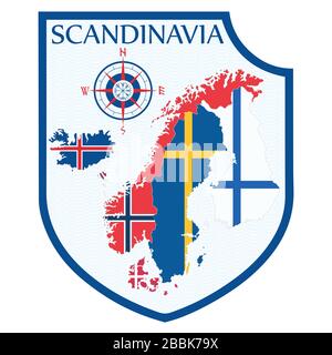 Scandinavian design. Heraldic shield, a background map of the Scandinavian Countries - Sweden, Norway, Denmark and Finland, Iceland, Faroe Islands Stock Vector