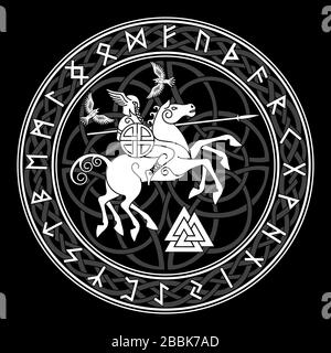 God Wotan, riding on a horse Sleipnir with a spear and two ravens in a circle of Norse runes. Illustration of Norse mythology Stock Vector