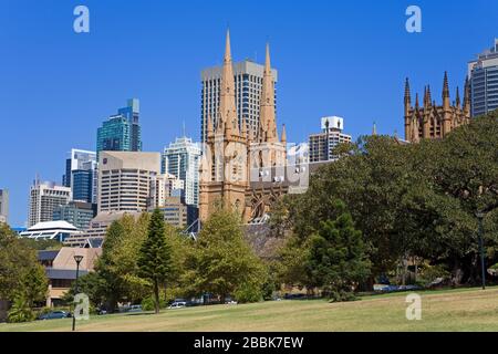St. Mary's Cathedral viewed from The Domain,Central Business District,Sydney,New South Wales,Australia Stock Photo