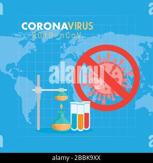 coronavirus 2019 ncov in forbidden sign with medical icons Stock Vector