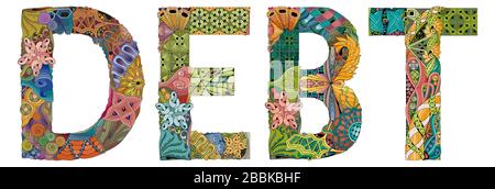 Word DEBT. Vector zentangle object for decoration Stock Vector