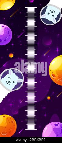 Kids space height chart. Cosmic wall meter with cute llama and cartoon fantasy planets. Vector template. Stock Vector