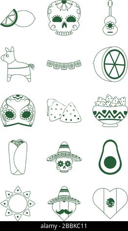 cinco de mayo mexican celebration festive party national icons set vector illustration line style icon Stock Vector