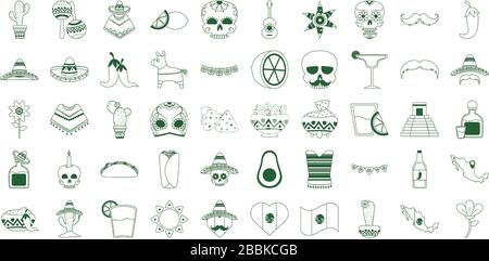 cinco de mayo mexican celebration festive party national icons set vector illustration line style icon Stock Vector