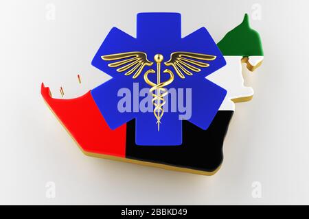 Caduceus sign with snakes on a medical star. Map of UAE land border with flag. UAE map on white background. 3d rendering Stock Photo