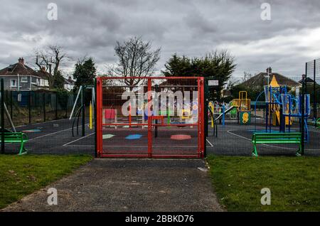 Belfast, Co Down /Northern Ireland - March 31st 2020 Childrens' playground on lockdown during ongoing covid-19 pandemic Stock Photo