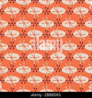 Retro abstract oval and star burst vector seamless pattern background. Mid century backdrop in brown and orange. Geometric design. Minimal fifties Stock Vector