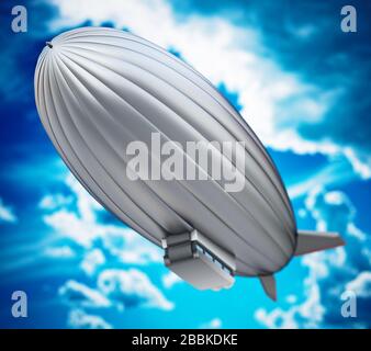 Silver zeppelin in the air. 3D illustration. Stock Photo