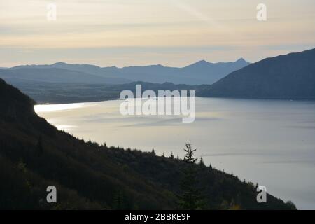 Spirit Lake seen from the Windy Ridge Viewpoint on NF-99 / Forest Highway in the Mt St Helens National Volcanic Monument, Washington State, USA Stock Photo