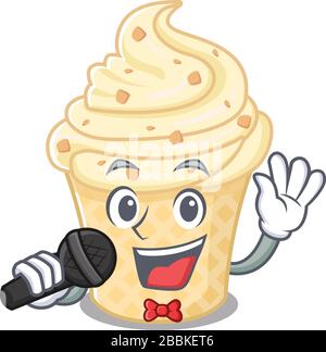 Talented singer of vanilla ice cream cartoon character holding a microphone Stock Vector