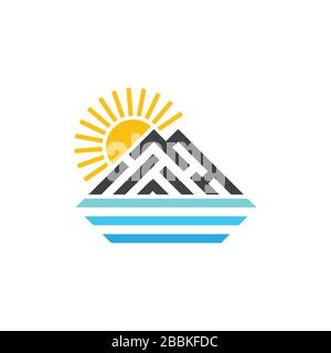 mountain sun and sea stripes line art logo vector Stock Vector