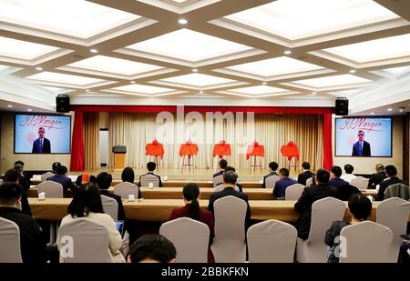 Shanghai, China. 20th Mar, 2020. Filippo Gori, CEO of J.P. Morgan, Asia Pacific, delivers a speech via internet at an online opening ceremony of five newly-established foreign financial institutions in Shanghai, east China, March 20, 2020. Credit: Fang Zhe/Xinhua/Alamy Live News Stock Photo