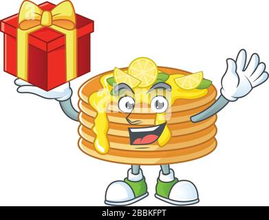 Charming lemon cream pancake mascot design has a red box of gift Stock Vector
