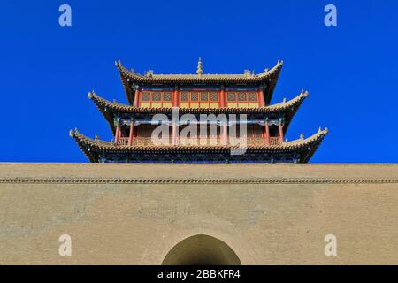 Three tiered gable hip roof-guard tower-Ruoyuan Gate. Jiayu Pass-Jiayuguan city-Gansu-China-0751