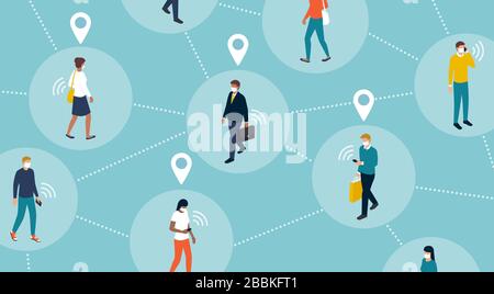 Tracking people's location and coronavirus outbreak: crowd of people keeping a safe distance and being located by a tracker app Stock Vector