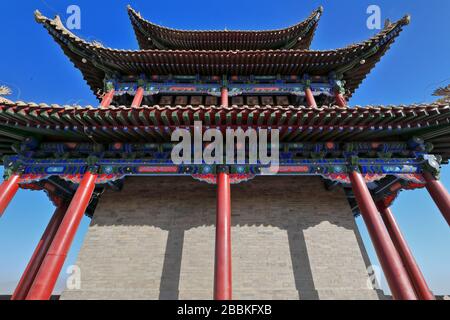 Upturned eaves-chiwen and chishou ornate-Xieshan roof-Gate of Sighs tower-Jiayuguan fortress-Gansu-China-0767