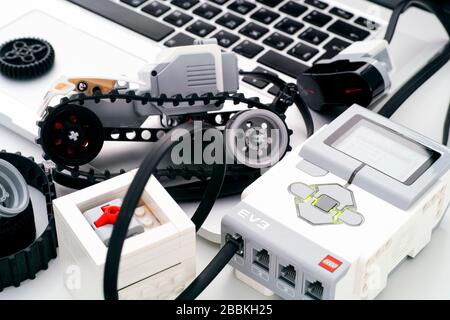 Tambov, Russian Federation - December 25, 2019 LEGO MINDSTORMS EV3 robot blocks and laptop. Stock Photo