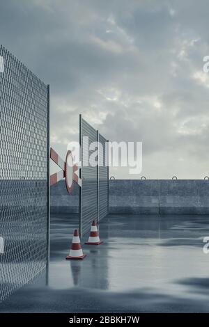 3d rendering of restricted area with wet asphalt and fence Stock Photo