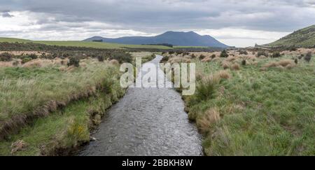 landscape with Weydon Burn creek in green hilly countryside, shot in bright cloudy spring light near Centre Hill, Southland, South Island, New Zealand Stock Photo