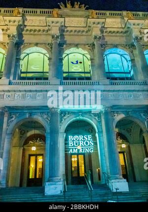 Vienna, Austria, Front Old Stock Exchange Building, Borse, Lights at Night, Facade, Low Angle Stock Photo