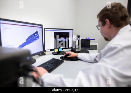 Quality engineer, scanning components by professional optical 3D scanner with a turntable, automotive concept Stock Photo