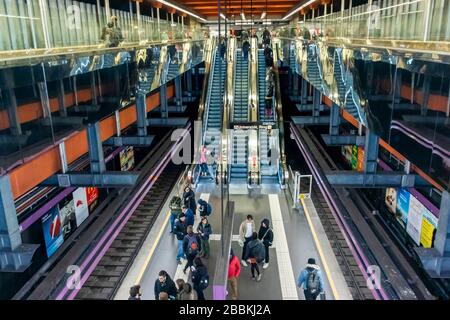 Vienna, Austria, People on Platform, Underground Subway, Austrian Train S-Bahn, Line S7, to Airport, Contemporary Interiors, tube train, modern interiors Stock Photo