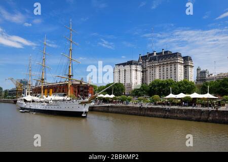 Argentinian Ministry of Defence or Libertador Building and frigate Sarmiento at Puerto Madero, Buenos Aires, Argentina Stock Photo