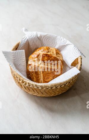 Turkish Pastry Product Pogaca in Basket. Traditional Bakery Food. Ready to Eat. Stock Photo