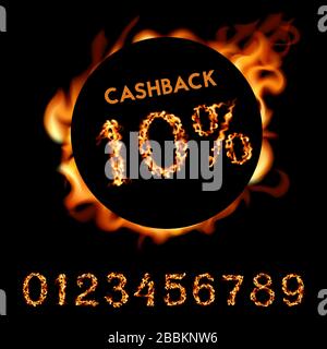10 percent cashback. Fire design on black background. Vector illustration Stock Vector
