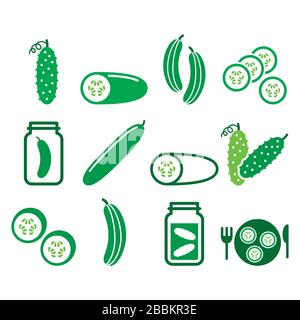 Cucumber, pickled, cucumber slices - healthy food vector icons set, green vegetable pictograms Stock Vector