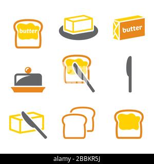 Butter or margarine spread on bread vector icons set - dairy, food design collection Stock Vector