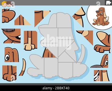 Cartoon Illustration of Educational Jigsaw Puzzle Game for Children with Funny Dog or Puppy Animal Character Stock Vector