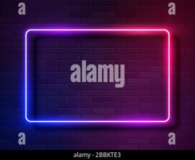 Neon Glowing Rectangle Frame for Banner on Dark Empty Grunge Brick Background Stock Vector