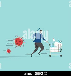 panic people wheeling shopping cart with full of sterilizing , cleaning equipment and consumer goods product running away from coronavirus during  COV Stock Vector