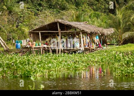 native people in wooden house on stilts of Warao indians, Orinoco-Delta, Venezuela, South America, America Stock Photo