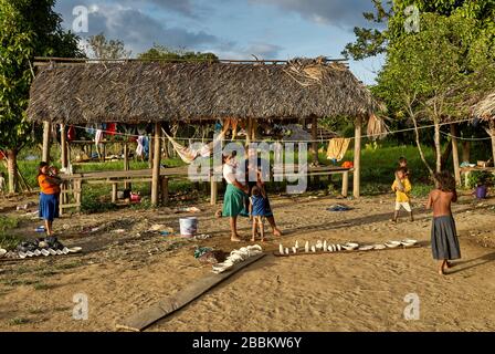 native people in wooden house on stilts of Warao indians, Orinoco-Delta, Venezuela, South America, America Stock Photo