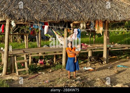 native people in wooden house on stilts of Warao indians, Orinoco-Delta, Venezuela, South America, America Stock Photo