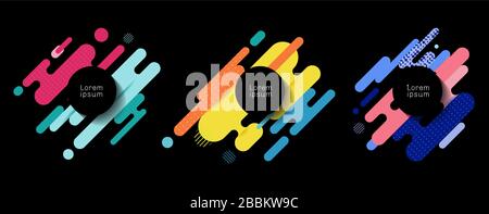 Set of colorful rounded lines shapes diagonal rhythm dynamic composition with black space circle lable background. Vector illustration Stock Vector