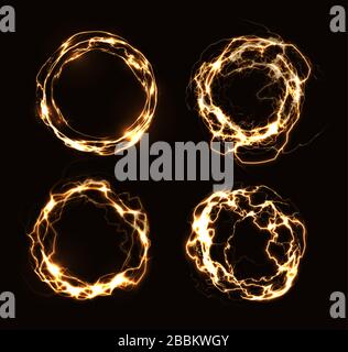 Magic rings, abstract electric circles, golden round frames, luminous circular lightning Stock Vector